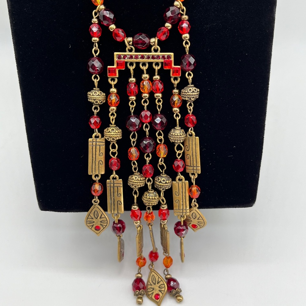 Chico’s Red and Gold Beaded Statement Long chain, Necklace.  WOW!